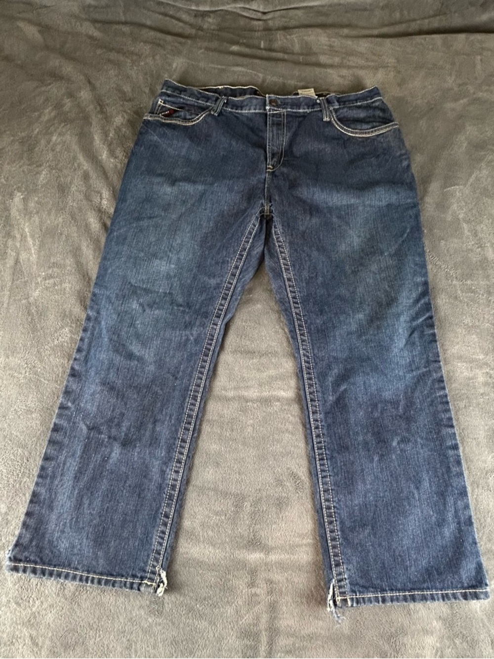 Ariat M3 FR Jeans Mens 44x30 Blue Denim Lowrise Bootcut Flame Resistant Hems Cut